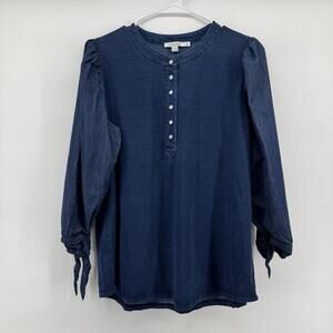 Chicos Women’s Size 2 (US Large) Faux Denim Blouse Ruffled Ties Casual Preppy